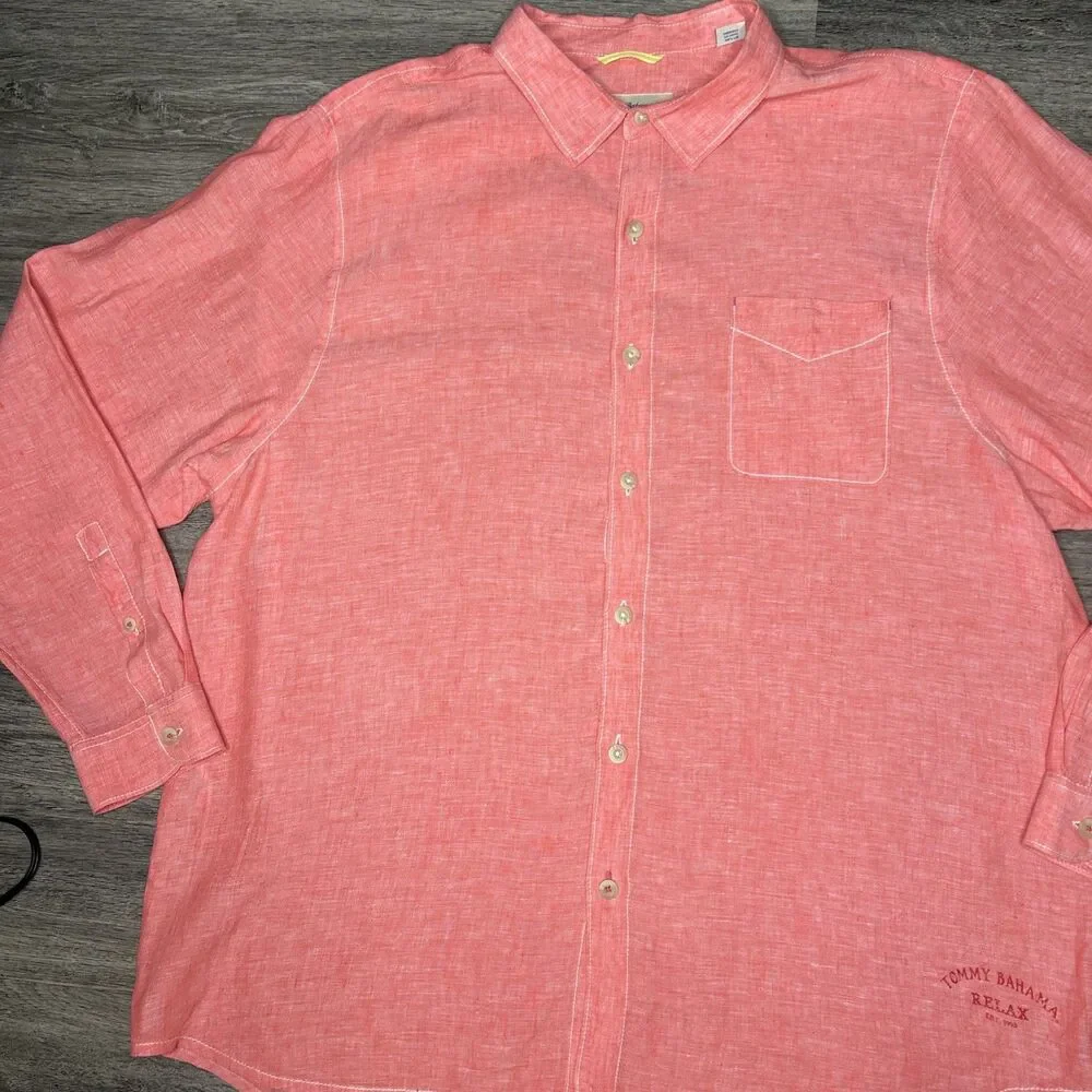 TOMMY BAHAMA RELAX Men's Coral 100% Linen Buttoned L/S Shirt Sz 2XL TTG